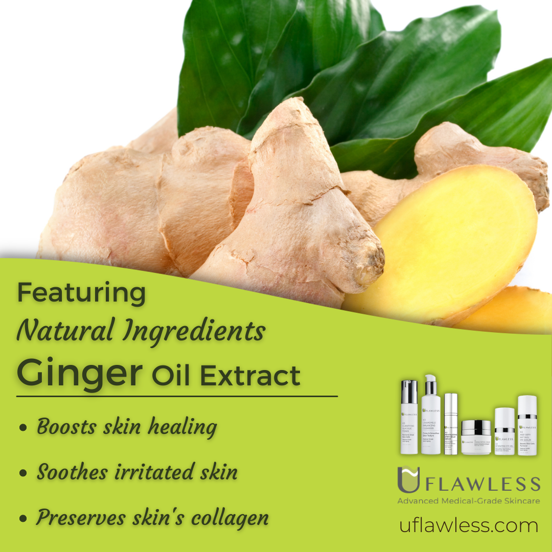 Ginger oil extract boosts skin healing, soothes skin and preserves collagen on skin