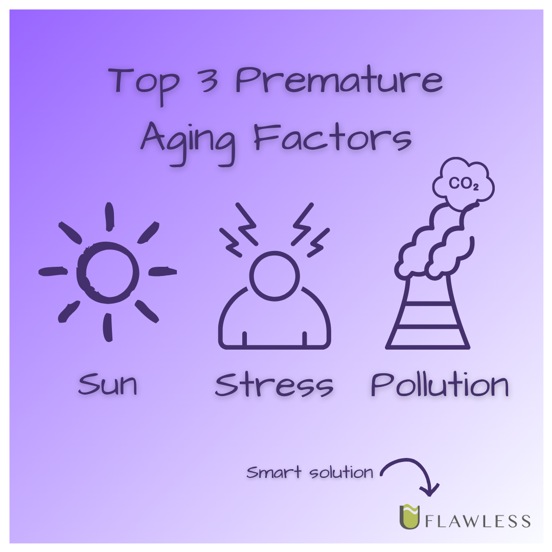Top 3 Premature aging factors: Sun, Stress, and Pollution